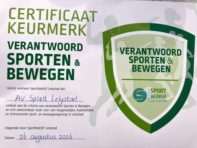 26 augustus 2026 AV Spirit ontvangt Keurmerk Verantwoord Sporten en Bewegen